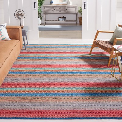 Handmade Blue and Red Wool Cotton 6' x 9' Flat Woven Rug