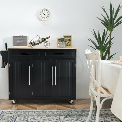 Black MDF and Rubberwood Kitchen Island Trolley Cart with Knife Block