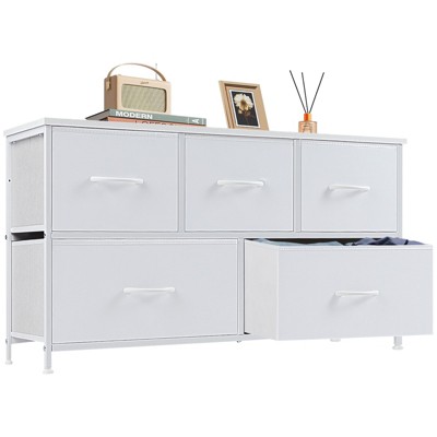 GlasFlength Decorative Storage Cabinets Tall Dresser Fabric Storage Tower ,5 Drawers Wood Top for Kid Room, Nursery, White 39.4"*11.8"*20.9"