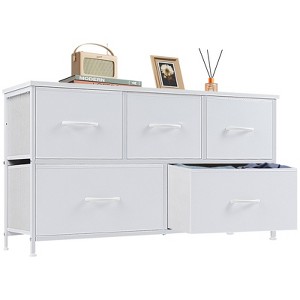 GlasFlength Decorative Storage Cabinets Tall Dresser Fabric Storage Tower ,5 Drawers Wood Top for Kid Room, Nursery, White 39.4"*11.8"*20.9" - 1 of 3