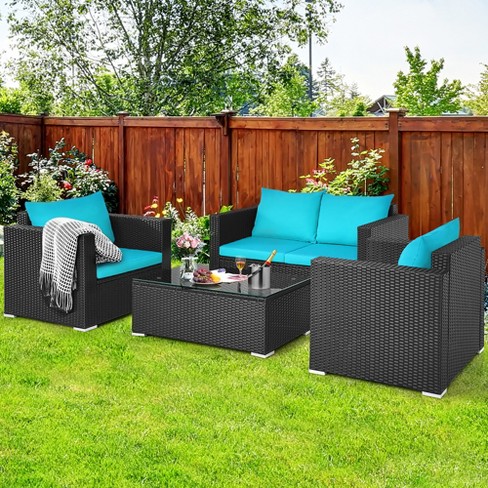 Costway 4PCS Patio Rattan Furniture Set Conversation Glass Table