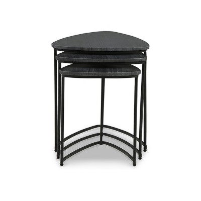 Olinmere Black Triangular Marble and Metal Nesting Tables, Set of 3