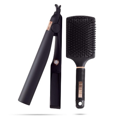 TYME Obsidion Kit with All In One Iron Pro Heat Tool with Twist Design and Paddle Hair Brush for Smooth and Silky Hair, Black