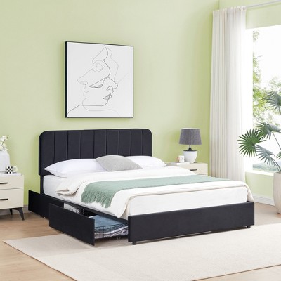 VECELO Upholstered Bed Frame with 1/4 Drawers and Adjustable Headboard, Twin/Full/Queen/King Platform Bed