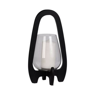 Sagebrook Home Sculpted Wood Glass Hurricane Lantern, For Decorative Use, Mango Wood and Glass, Black, 8 L x 8 W x 15 H Inches