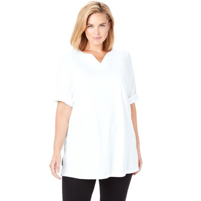 Woman Within Plus Size Perfect Roll-Tab-Sleeve Notch-Neck Tunic