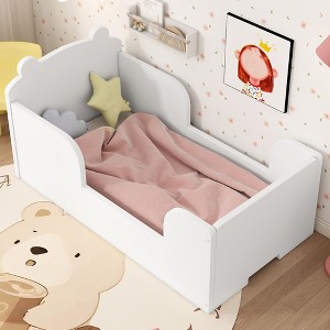 TIRAMISUBEST Kids Floor Bed Frame, Bear Shaped Headboard Toddler Bed, Wooden Platform Bed with Guardrail - 1 of 4