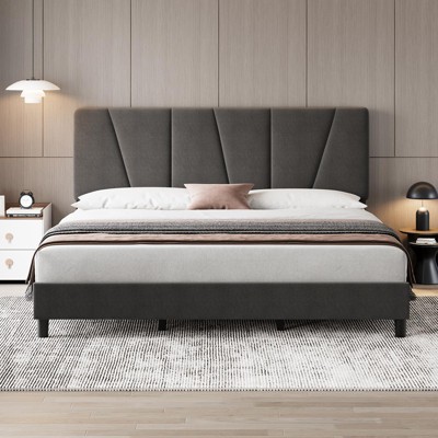 Full Size Bed Frame with Adjustable Headboard, Linen Upholstered Full Platform Bedframe with Strong Wooden Slats, Mattress Foundation,