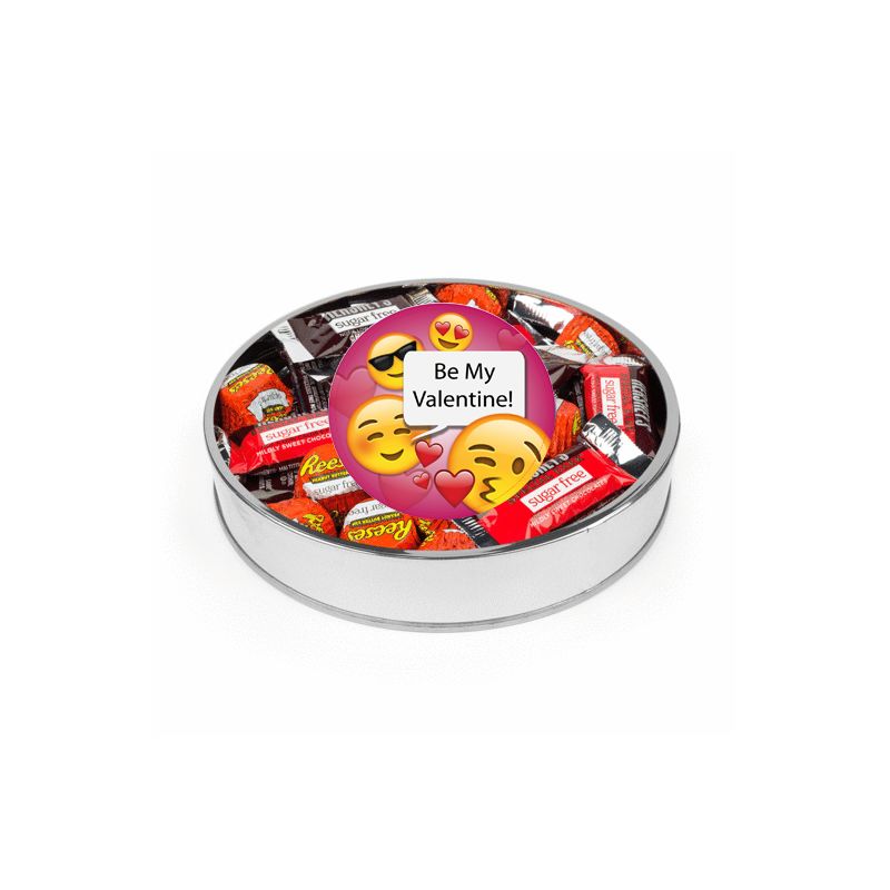 Valentine's Day Sugar Free Chocolate Gift Tin Large Plastic Tin with Sticker and Hershey's Candy & Reese's Mix - Emoji - By Just Candy, 1 of 2