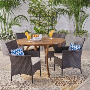 Christopher Knight Home Albury Outdoor Acacia Wood and Wicker 5 Piece Dining Set with Cushion - 1 of 4