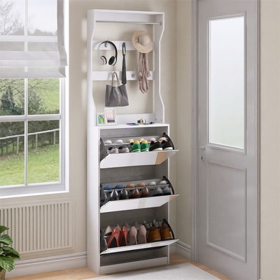 Slim Mirror Shoe Cabinet with 3 Flip Drawers, Hidden Shoe Cabinet with Coat Rack, Shoe Rack Organizer for Living Room Hallway Closet and Apartment
