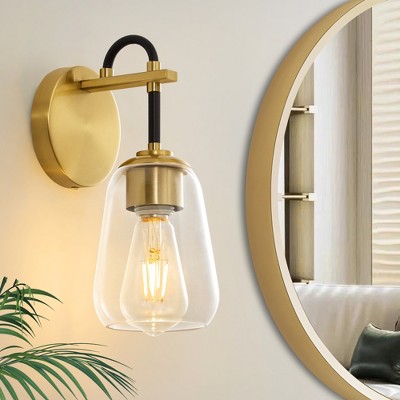 POWLIG Modern 4.7-Inch Black & Gold Wall Sconce, 1-Light with Glass Shade for Hallway, Bathroom, Bedroom