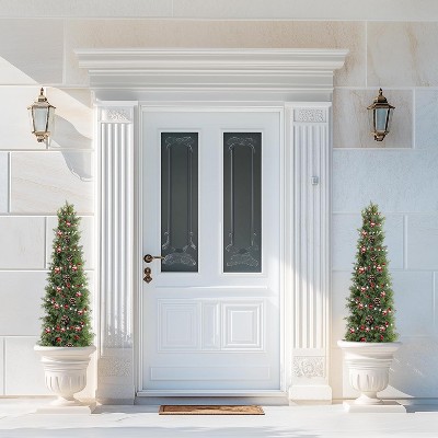 2 Pack  Artificial Cedar Topiary Trees, UV Protection Fake Bushes for Front Door Decor, Maintenance Free Faux Cedar Plants for Home