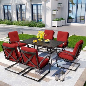 7pc Patio Dining Set with Rectangle Table with 1.57" Umbrella Hole & C-Spring Padded Arm Chairs - Captiva Designs - 1 of 4