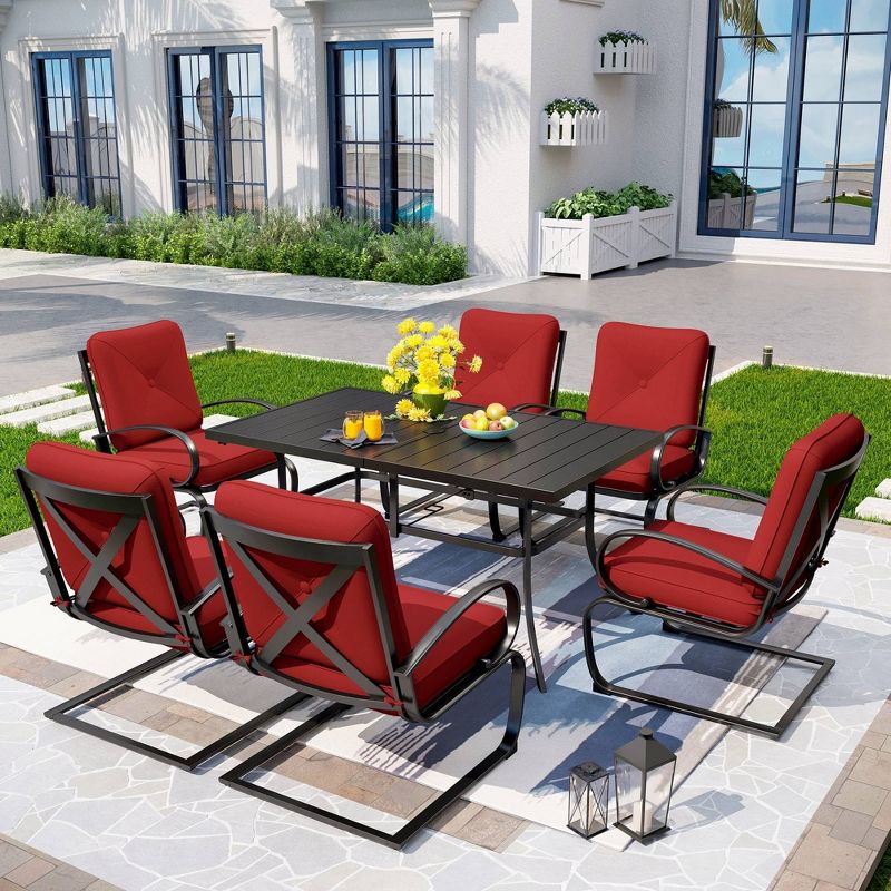 7pc Patio Dining Set with Rectangle Table with 1.57" Umbrella Hole & C-Spring Padded Arm Chairs - Captiva Designs, 1 of 14