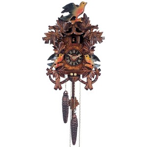 One Day Cuckoo Clock with Eight Leaves – 10.5 in – Three Birds & Nest Light Painted By River City Clocks - 1 of 3