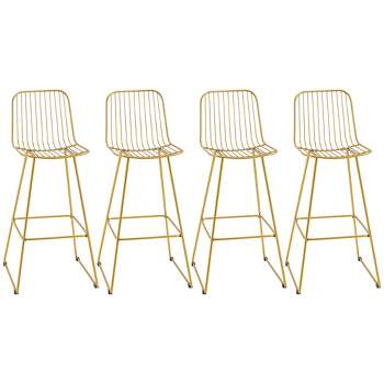 HOMCOM Modern Bar Stools, Metal Wire Bar Height Barstools, 30" Seat Height Bar Chairs for Kitchen with Back and Footrest, Set of 4, Gold