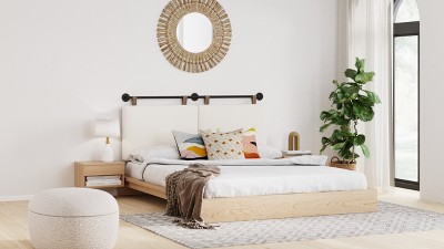 Queen Size White Boucle Upholstered Headboard with Leather Straps