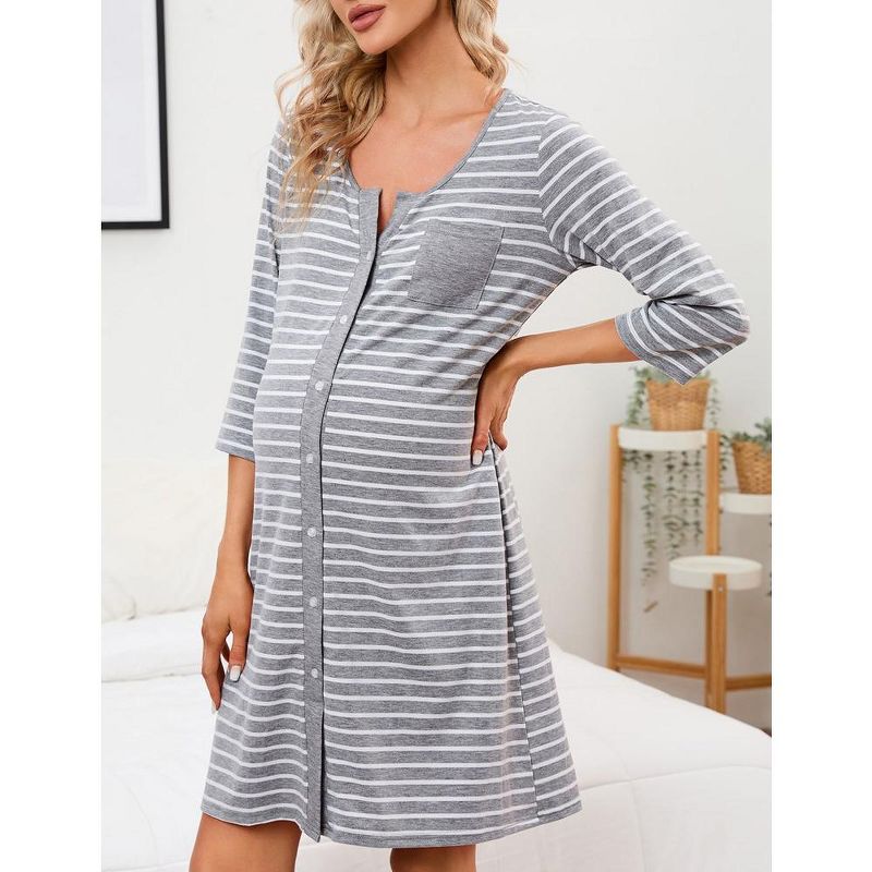 WhizMax Mothers Day Gifts Maternity Nightgown Women's 3/4 Sleeve Striped Nursing Sleepshirt Full Button Breastfeeding Sleep Dress, 3 of 10