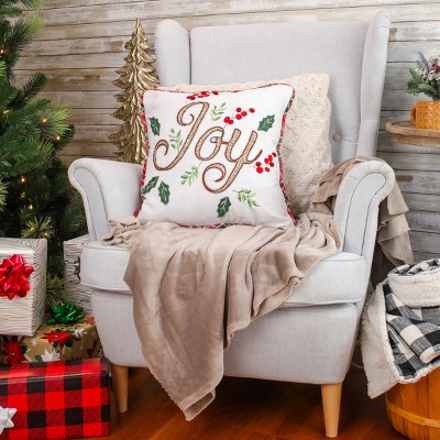 18" Joy Embroidered Christmas Pillow with Plaid Trim