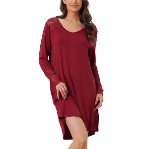 cheibear Women's Lace Trim Long Sleeves Pull-on Nightshirt Dress - 1 of 4