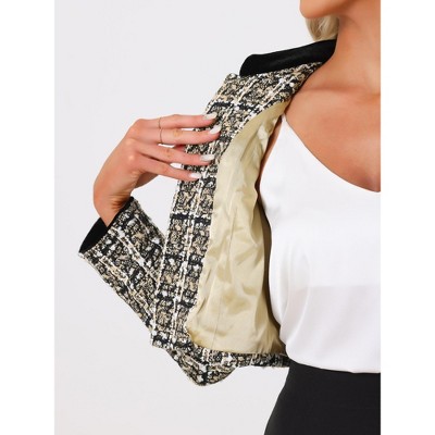 INSPIRE CHIC Women's Double Breasted Open Front Elegant Plaid Tweed Crop Blazer Light Khaki Medium — фото 5