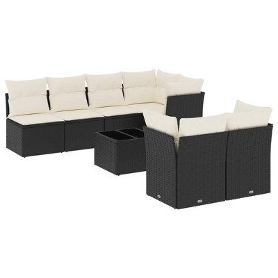 vidaXL 8 Piece Patio Sofa Set with Cushions Black and Cream Poly Rattan - Table + 3x Middle + 4x Corner