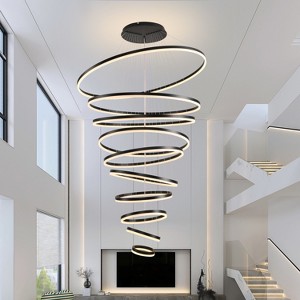 BAOURE 8-Rings D35.4’’ Modern LED Chandelier Black Dimmable High Ceiling Chandeliers Foyer with Remote Control for Staircase Entryway Living Room - 1 of 4