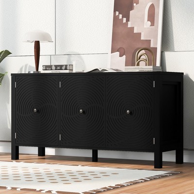 56.1"W Modern Sideboard with Curved Swirl Patterned Doors and Adjustable Shelves, Artistic 3-Door Storage Cabinet - ModernLuxe