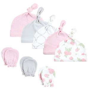 Hudson Baby Infant Girl Cotton Cap and Scratch Mitten Set, Rose, 0-6 Months - 1 of 4