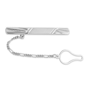 Black Bow Jewelry Rhodium Plated Sterling Silver Grooved with Button Chain Tie Bar - 1 of 3