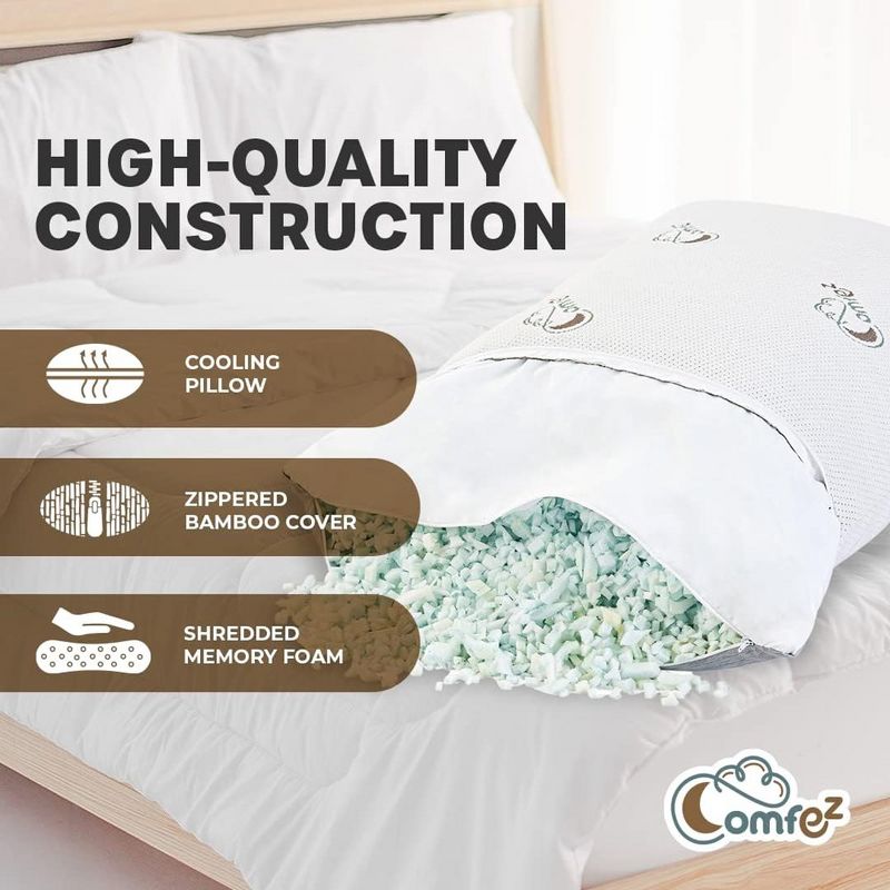 Comfez Adjusted Travel Shredded Memory Foam Pillow with Zipper and Removable Cover - White (2 Pack), 4 of 10