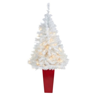 Nearly Natural 4.5-ft White Artificial Christmas Tree with 100 Clear LED Lights in Red Planter