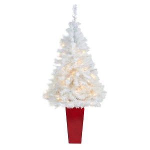 Nearly Natural 4.5-ft White Artificial Christmas Tree with 100 Clear LED Lights in Red Planter - 1 of 4