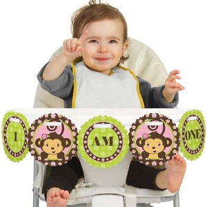 Big Dot of Happiness Pink Monkey Girl 1st Birthday Highchair Decor - I Am One - First Birthday High Chair Banner - 1 of 4