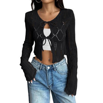 Womens Cardigan Casual Open Front Knit Lace Up Crop Cardigan