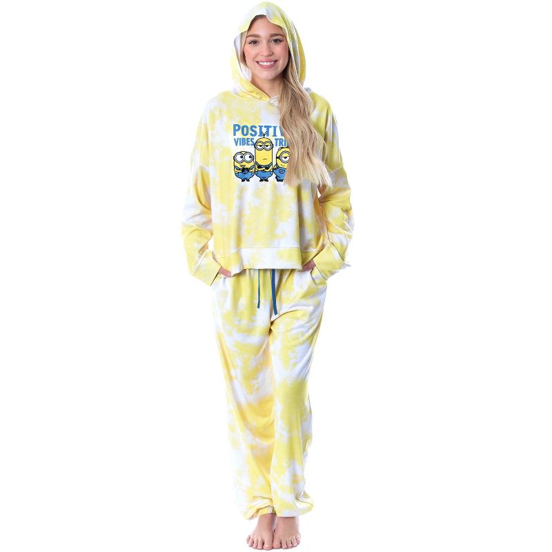 Minions Positive Vibes Tie Dye Womens' Pajama Cropped Hooded Jogger Set Yellow, 3 of 8