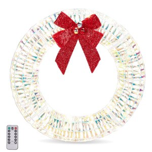 Angel Sar 24in Pre-lit Iridescent Christmas Wreath with Red Bow, Warm White LED Lighted Metal Wreath, Indoor & Outdoor Holiday Decor - 1 of 4