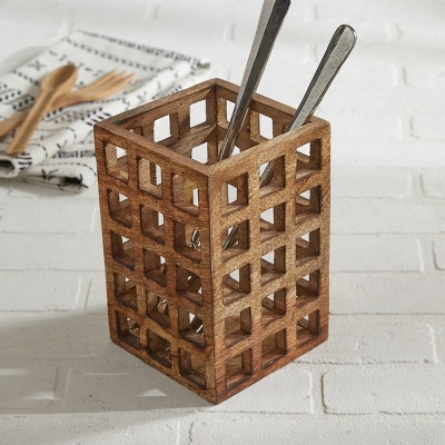 Rustic Brown Wooden Lattice Utensil Crock