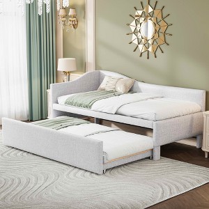 MAYEERTY Twin Size L-Shaped Upholstered Daybed, Pop Up Trundle, Bedroom, Beige - 1 of 4