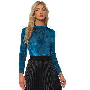 INSPIRE CHIC Women's See Through Mesh Mock Neck Velvet Floral Print Tee Shirt - 1 of 4