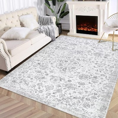 Acekool 10x13 Vintage Medallion Washable Area Rug, Extra Large Non-Slip Distressed Floral Carpet, Stain Resistant for Living Room, Bedroom, Grey
