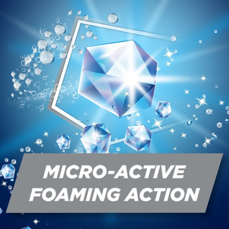 A graphic with a large, shining diamond-like shape surrounded by bubbles and sparkles, featuring the text "MICRO-ACTIVE FOAMING ACTION" on a gray banner.