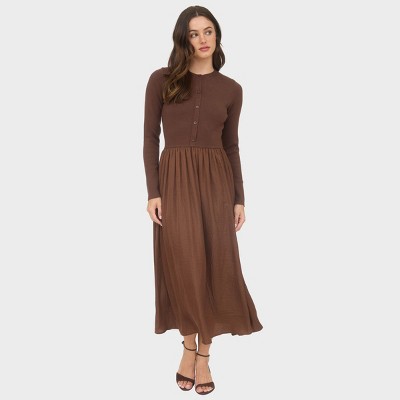 August Sky Women's Front Button Up Mixed Media Midi Dress