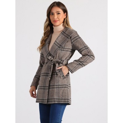 INSPIRE CHIC Women's Shawl Collar Check Belted Wrap Plaid Coat with Pockets Khaki Houndstooth Large — фото 3