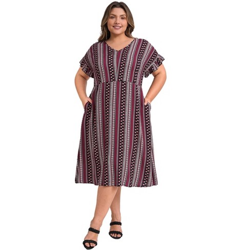 GRACE & GRANDEUR Women's Plus Size Boho Floral Stripe V Neck Ruffle Sleeve Pockets Flowy Casual Beach Midi A Line Dresses - image 1 of 3