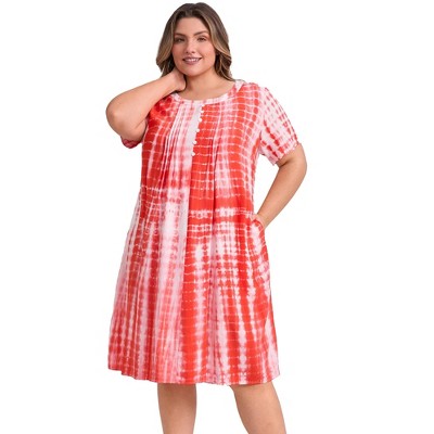 Women's Plus Size Tie Dye Round Neck Short Sleeve Button Decor A Line Dresses - GRACE & GRANDEUR