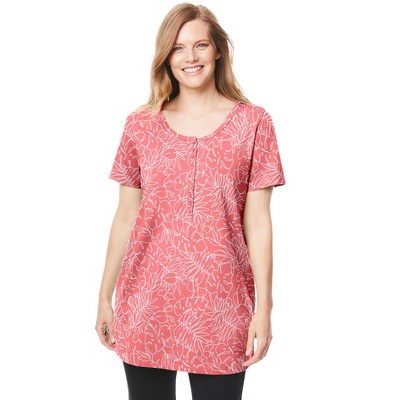 Woman Within Women's Plus Size Perfect Short-Sleeve Scoop-Neck Henley Tunic