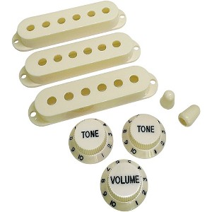 AxLabs Set Of Single Coil Pickup Covers In Modern Spacing (52/50/48), Two Switch Tips, And Three Knobs (Black Lettering) Vintage White - 1 of 1