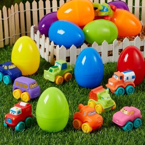 Joyfy 12 Pcs Easter Eggs with Rubber Car Toys, Plastic Eggs with Vehicle Toys for Toddlers and Kids Basket Stuffers Party Favors and Classroom Prizes - 1 of 4